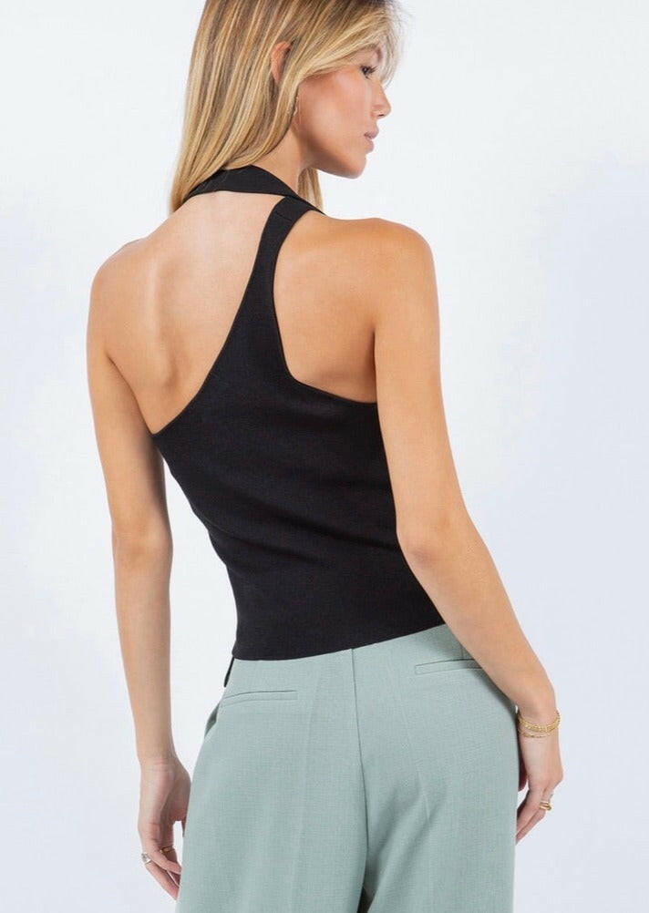 Asymmetrical Tank Top with Side Button Detail in Black