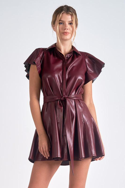 Faux Leather Mini Dress in Burgundy