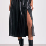 Faux Leather Drawstring Skirt in Black