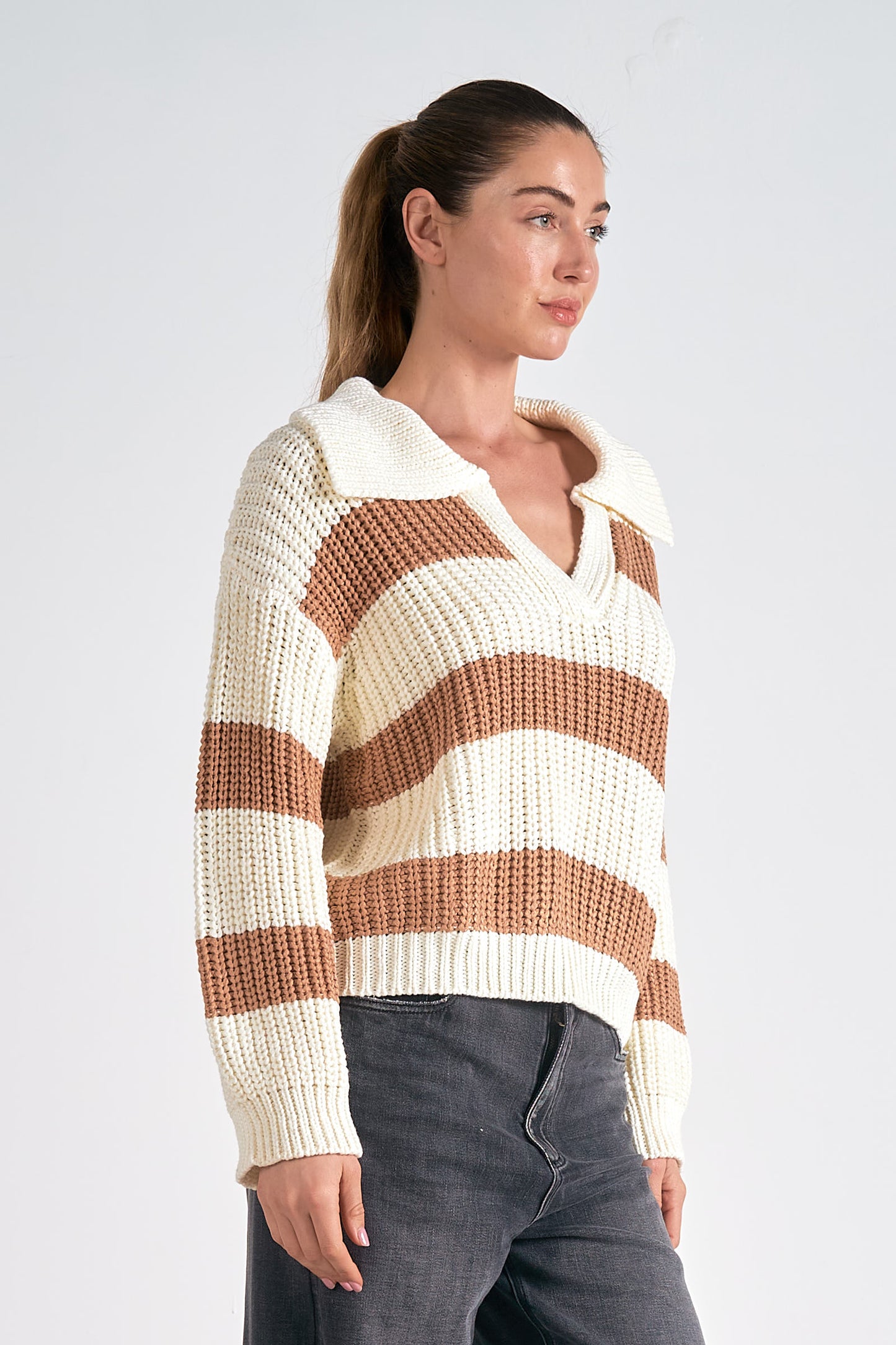 Striped V-Neck Collared Sweater