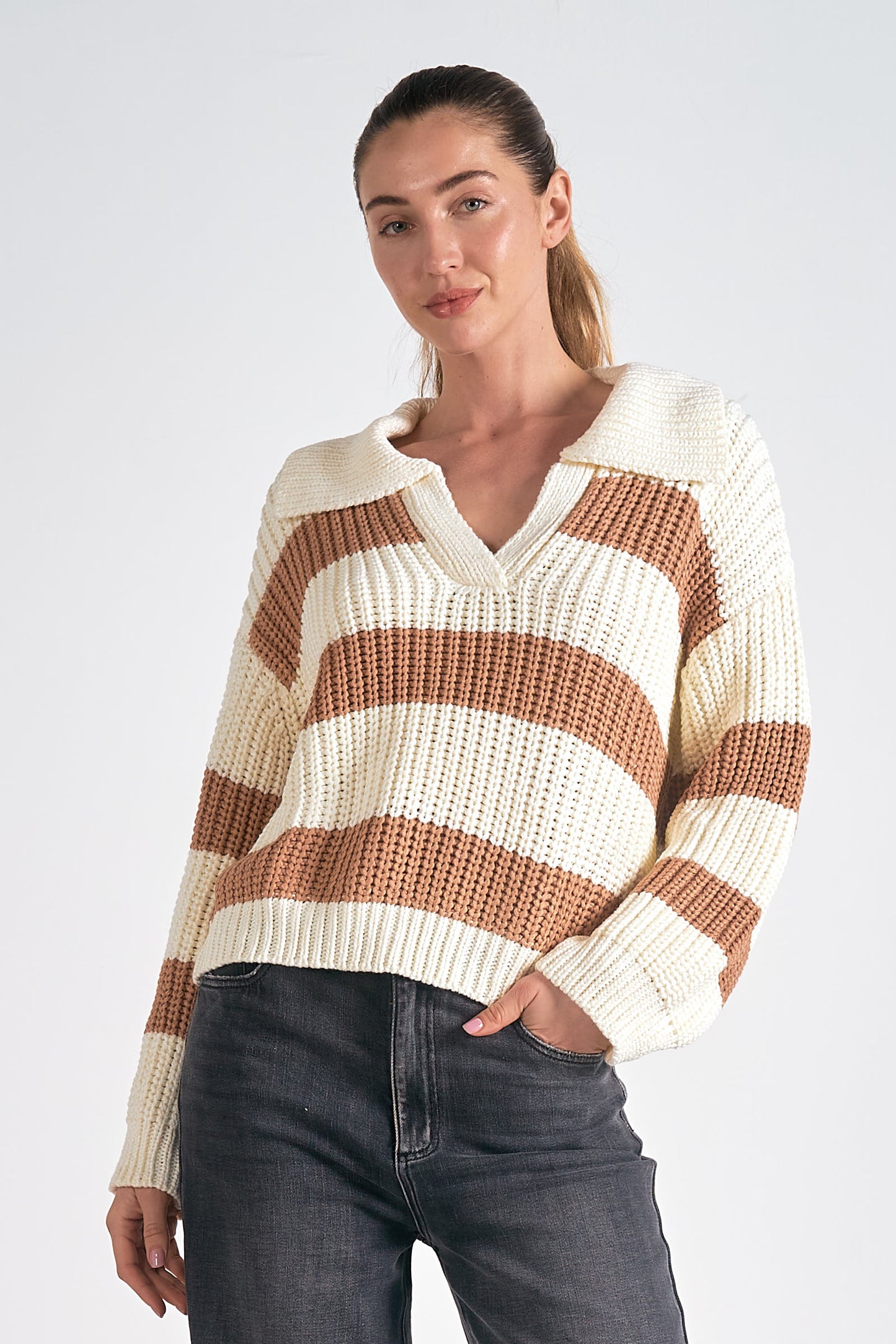 Striped V-Neck Collared Sweater