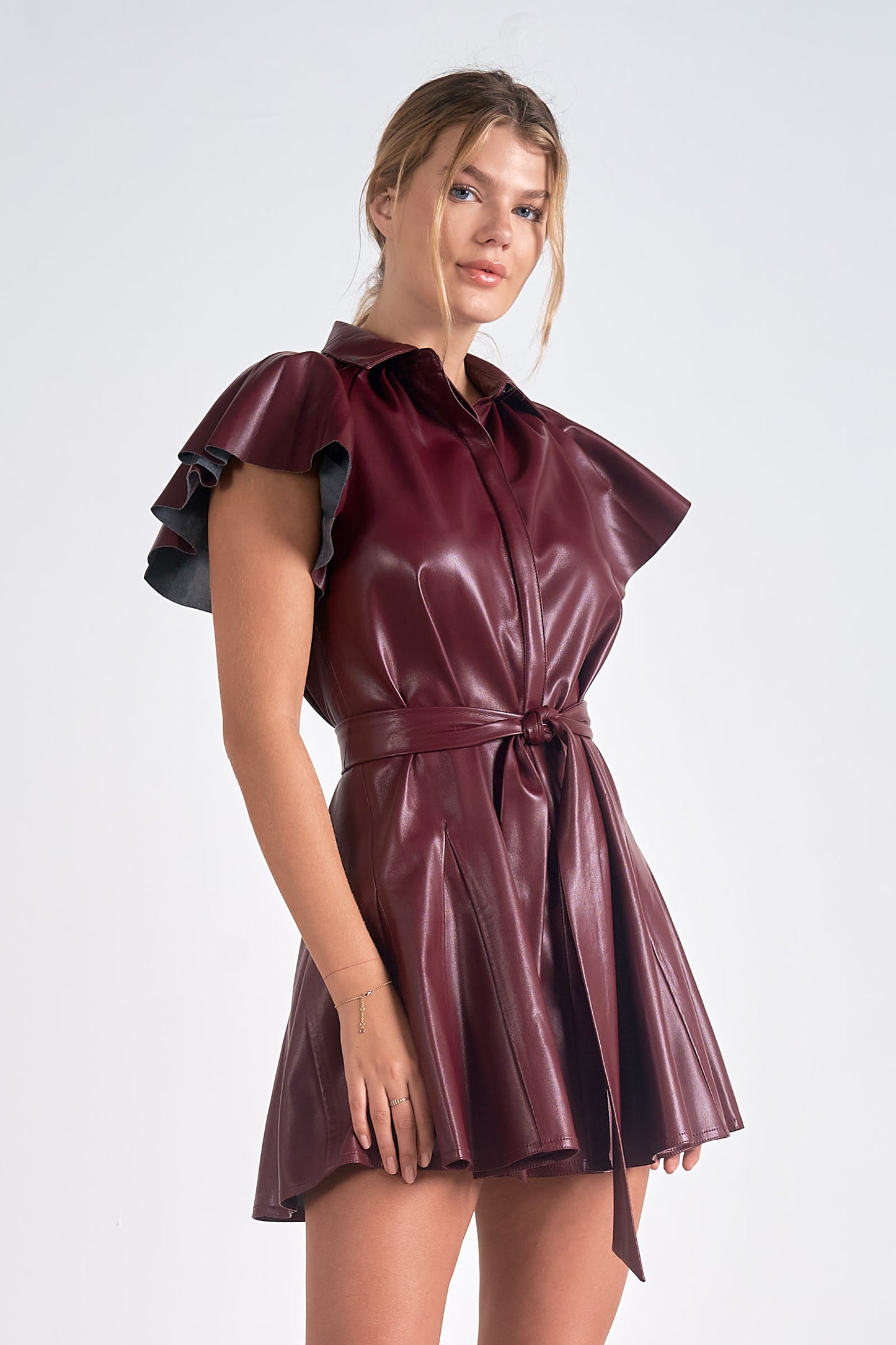 Faux Leather Mini Dress in Burgundy