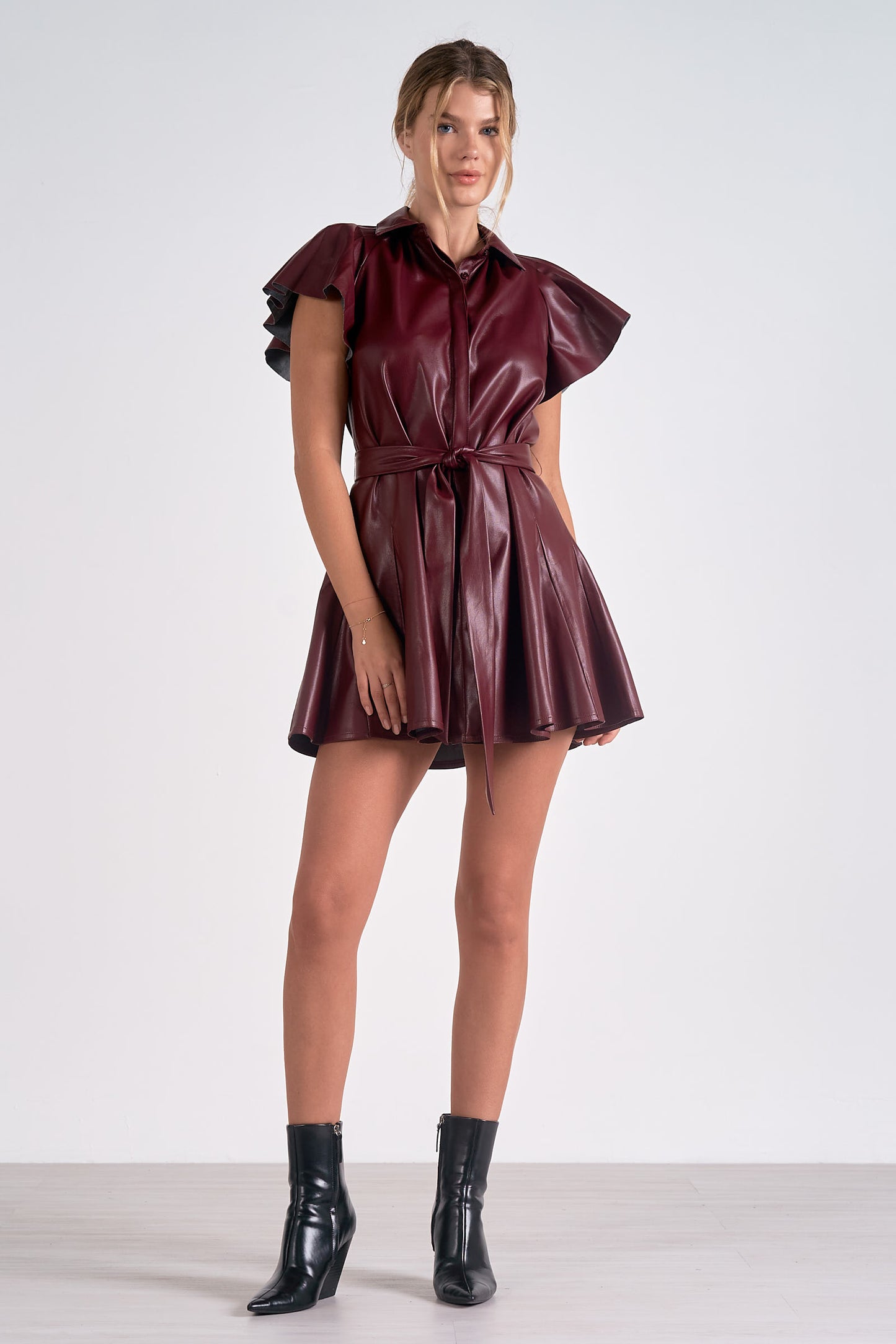 Faux Leather Mini Dress in Burgundy