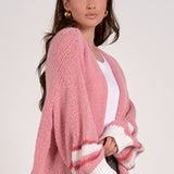 Varsity Open Front Sweater Cardigan - Pink