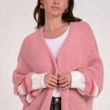 Varsity Open Front Sweater Cardigan - Pink