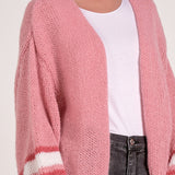 Varsity Open Front Sweater Cardigan - Pink