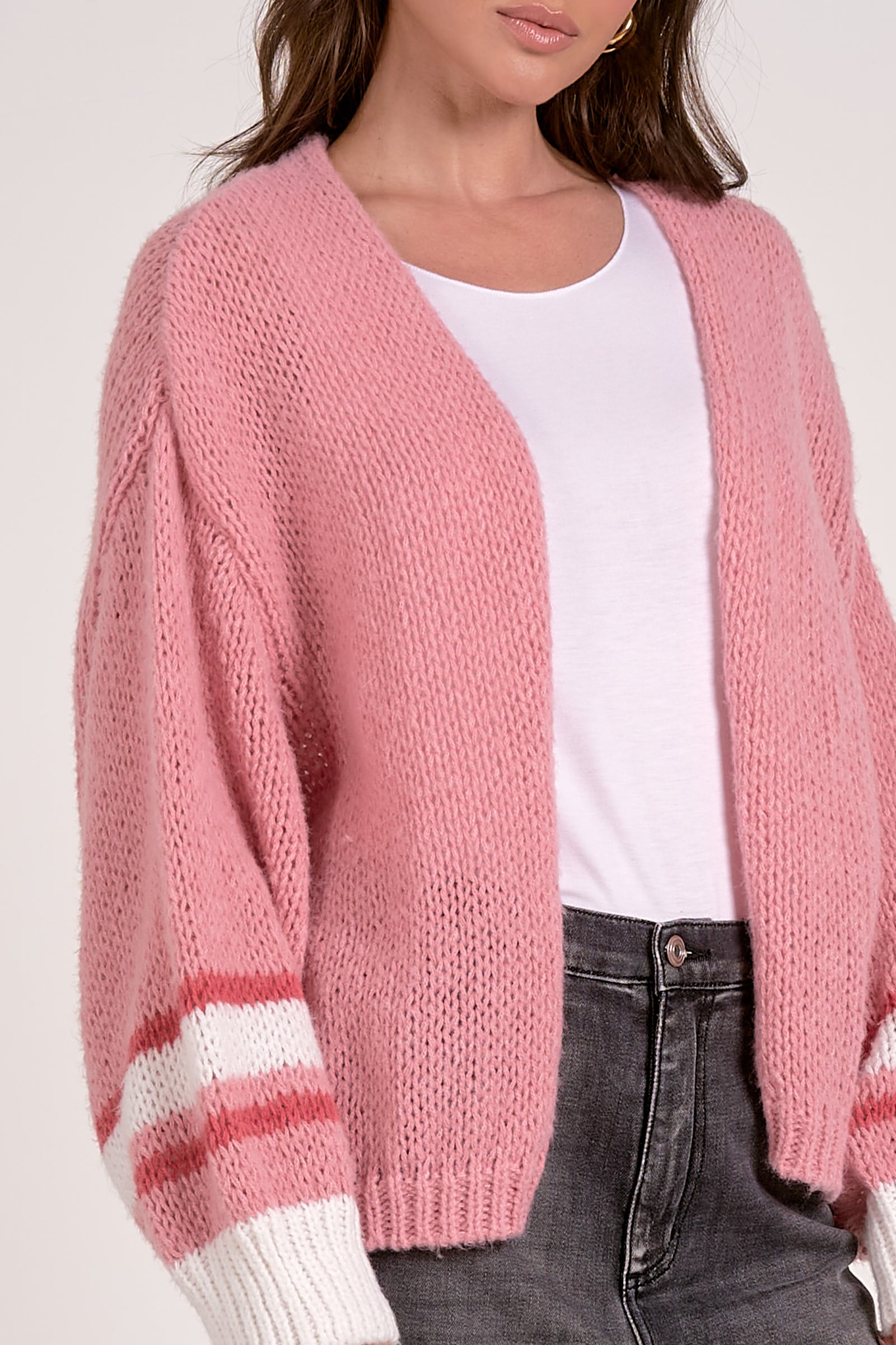 Varsity Open Front Sweater Cardigan Pink - Main Image