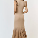 Ruffle Sleeve Pleated Mermaid Sweater Maxi Dress in Tan