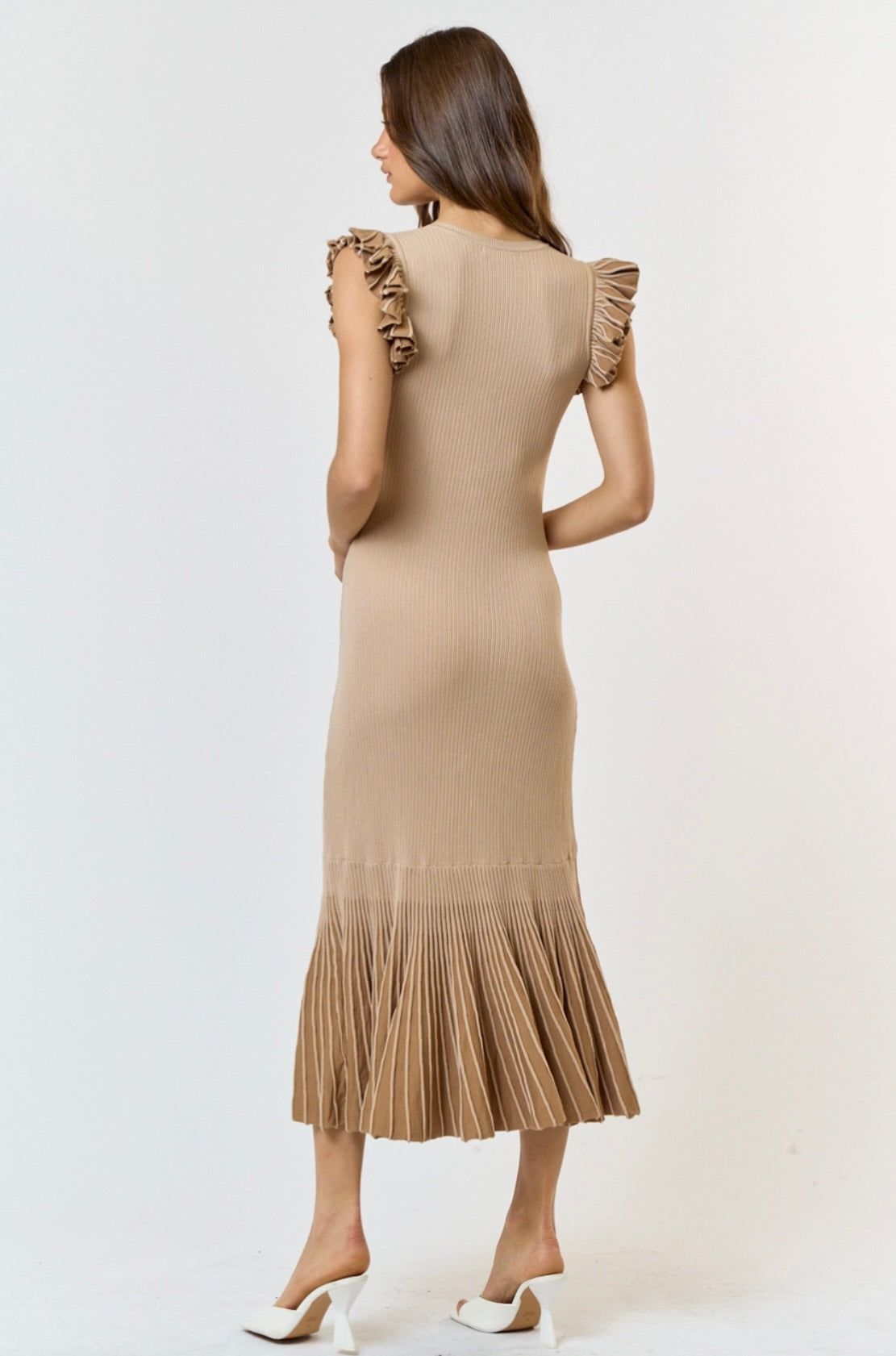 Ruffle Sleeve Pleated Mermaid Sweater Maxi Dress in Tan