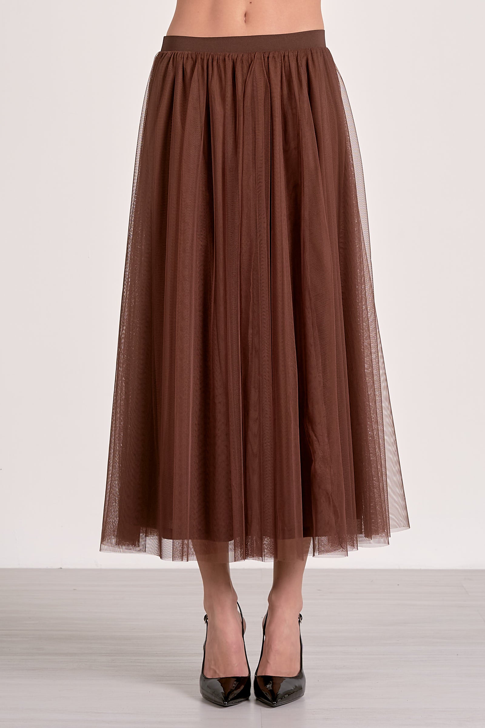 Elan Tulle Midi Skirt in Chocolate
