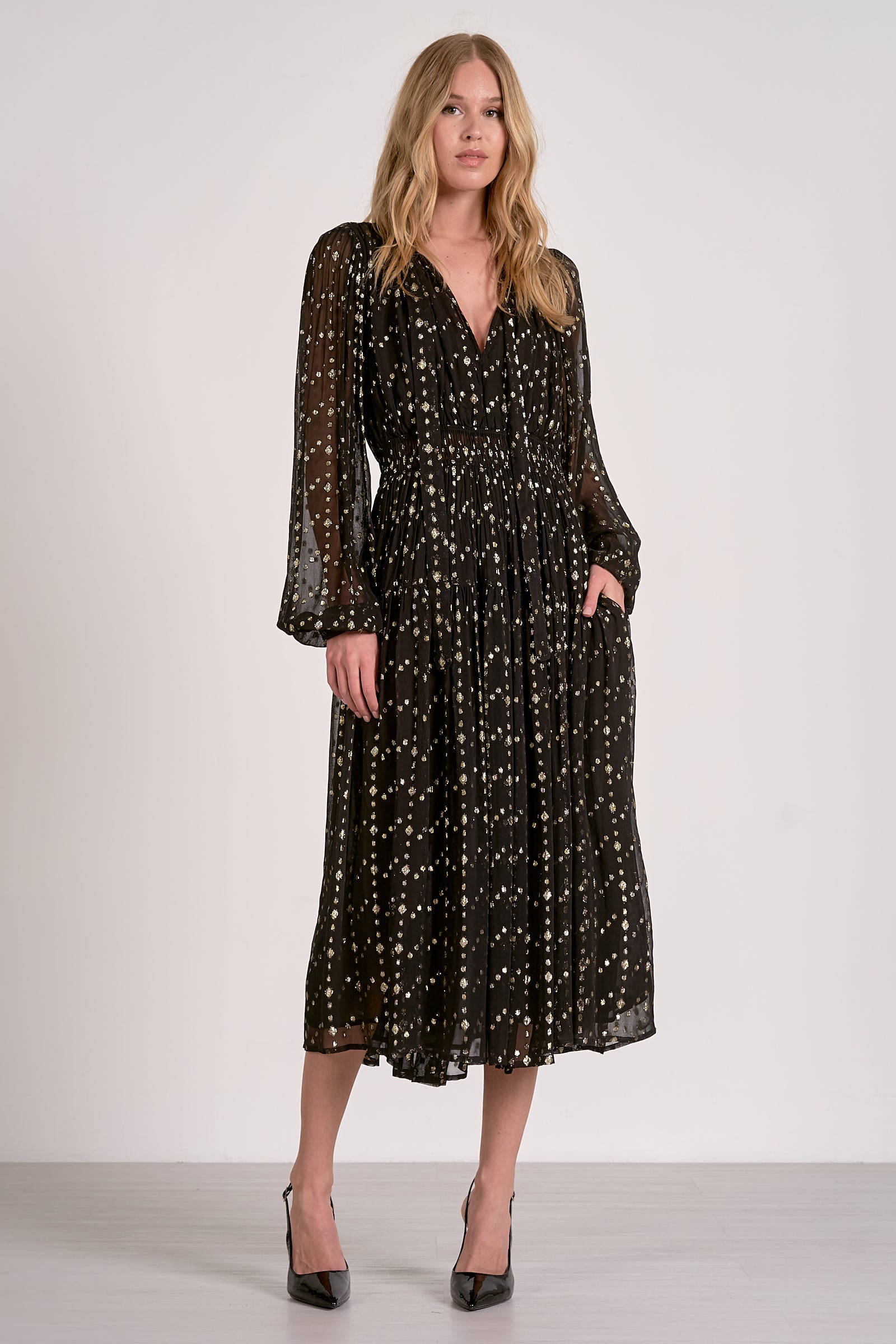 Elan Long Sleeve Maxi Dress with Tie Neck Medium Elan Long Sleeve Maxi Dress with Tie Neck Medium