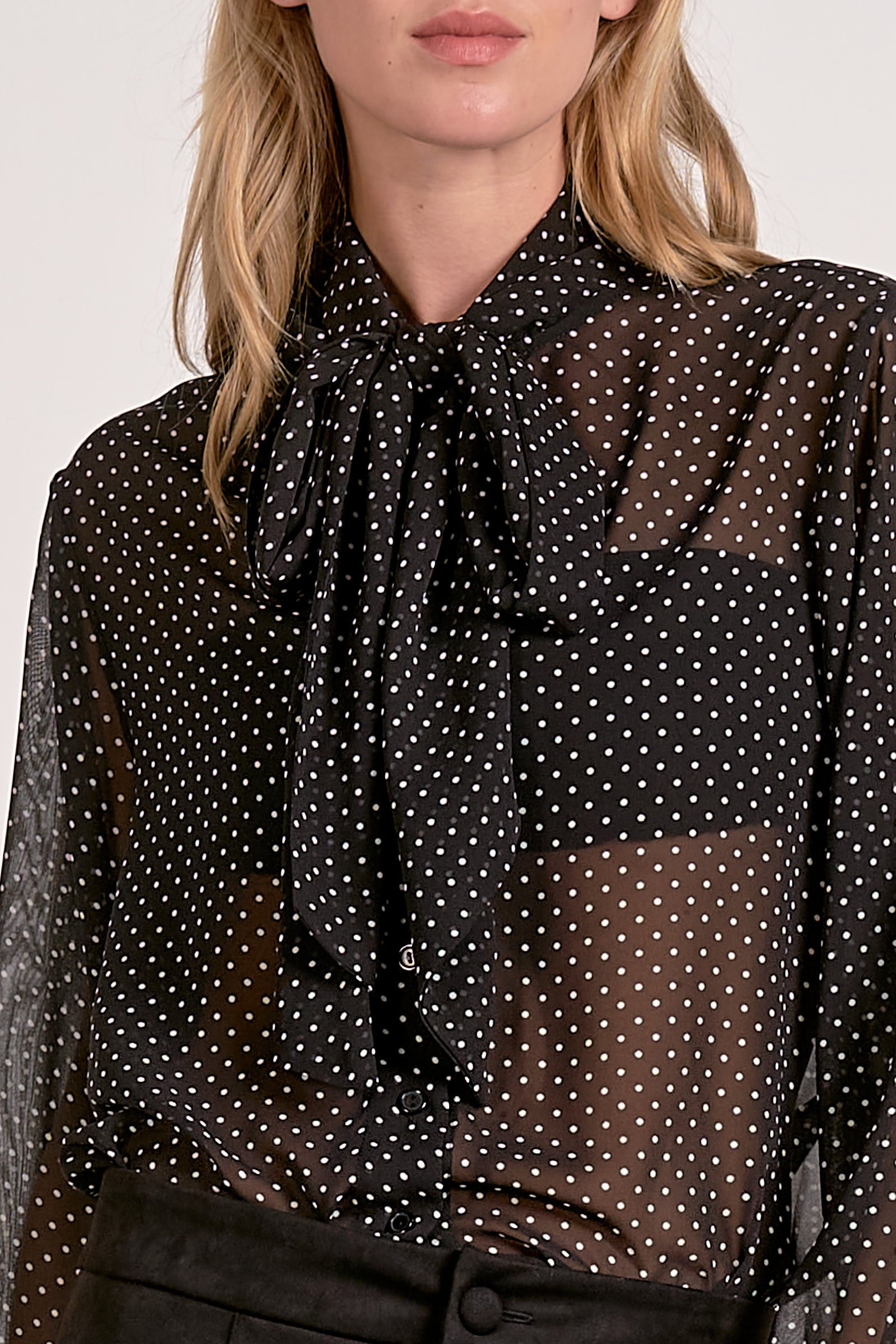 Elan Polka Dot Neck Tie Blouse