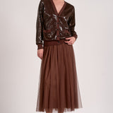 Elan Tulle Midi Skirt in Chocolate