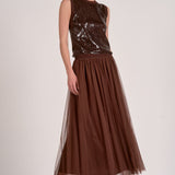 Elan Tulle Midi Skirt in Chocolate