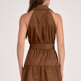 Elan Mini Halter Button-Down Dress in Chocolate