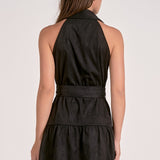 Elan Mini Halter Button-Down Dress in Black