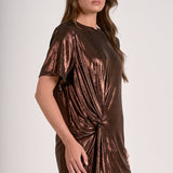 Elan Short Sleeve Mini Knotted Dress in Chocolate