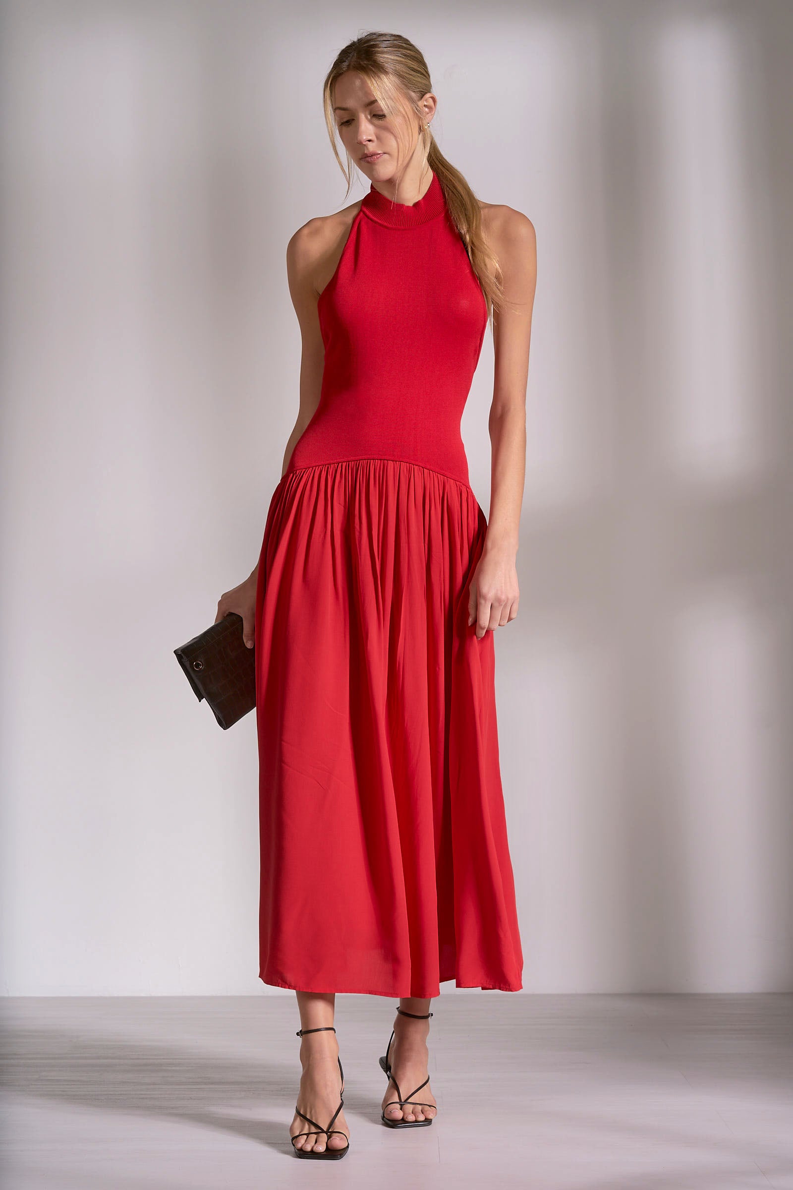 Elan Mixed Media Maxi Halter Dress