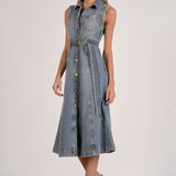 Elan Sleeveless Button-Down Denim Midi Dress