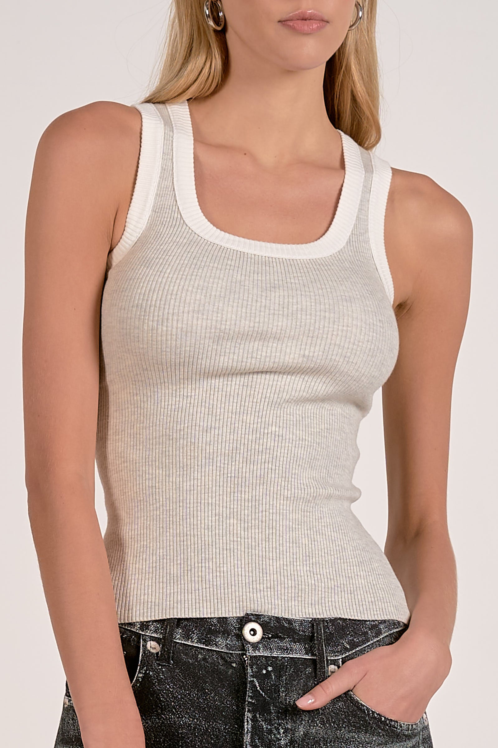 Elan Contrast Trim Tank Top in Grey White