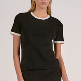 Elan Contrast Trim Short Sleeve Top in Black White