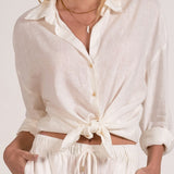 Elan Linen Long Sleeve Button-Up Top