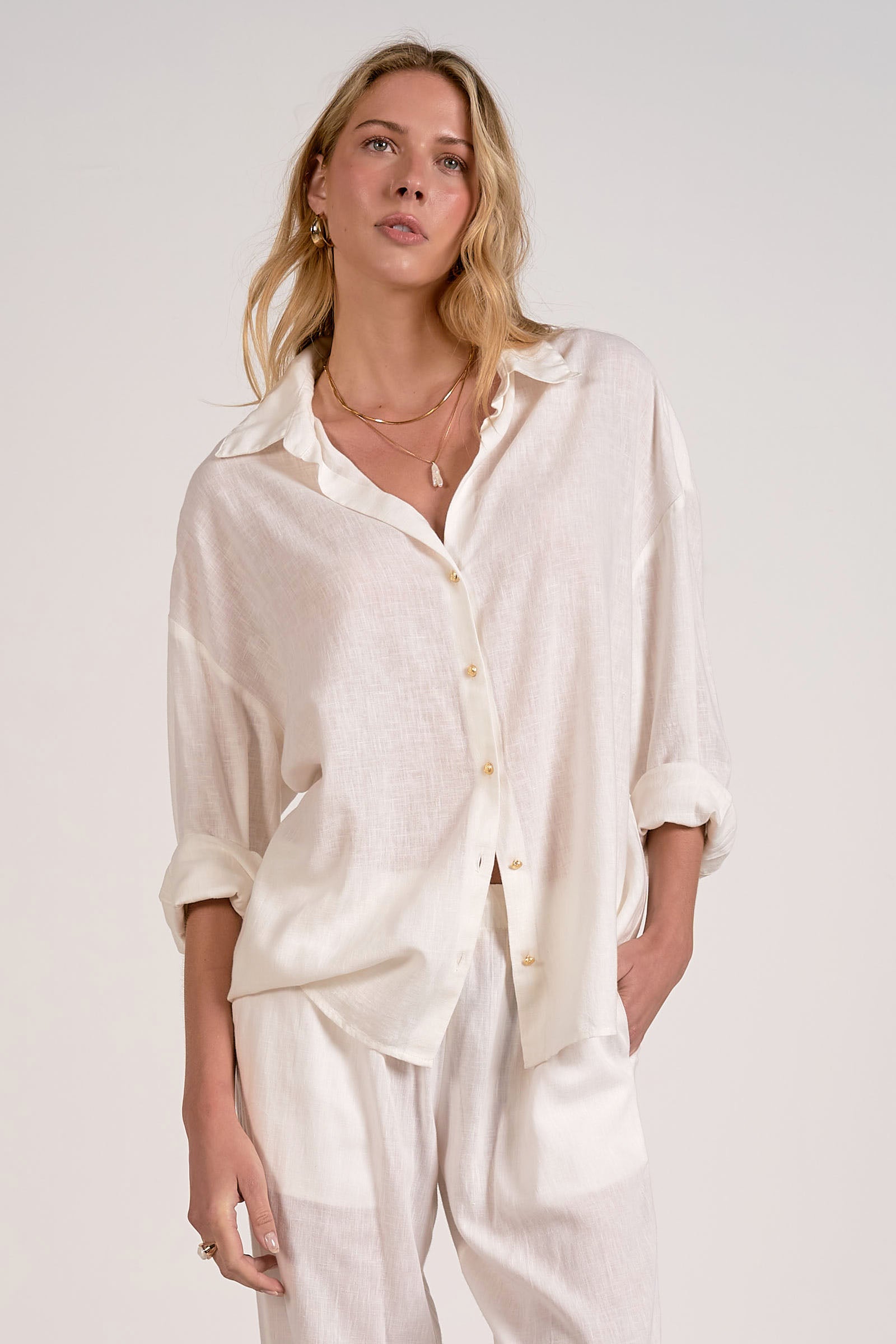 Elan Linen Long Sleeve Button-Up Top