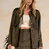 Elan Faux Leather Fringe Jacket