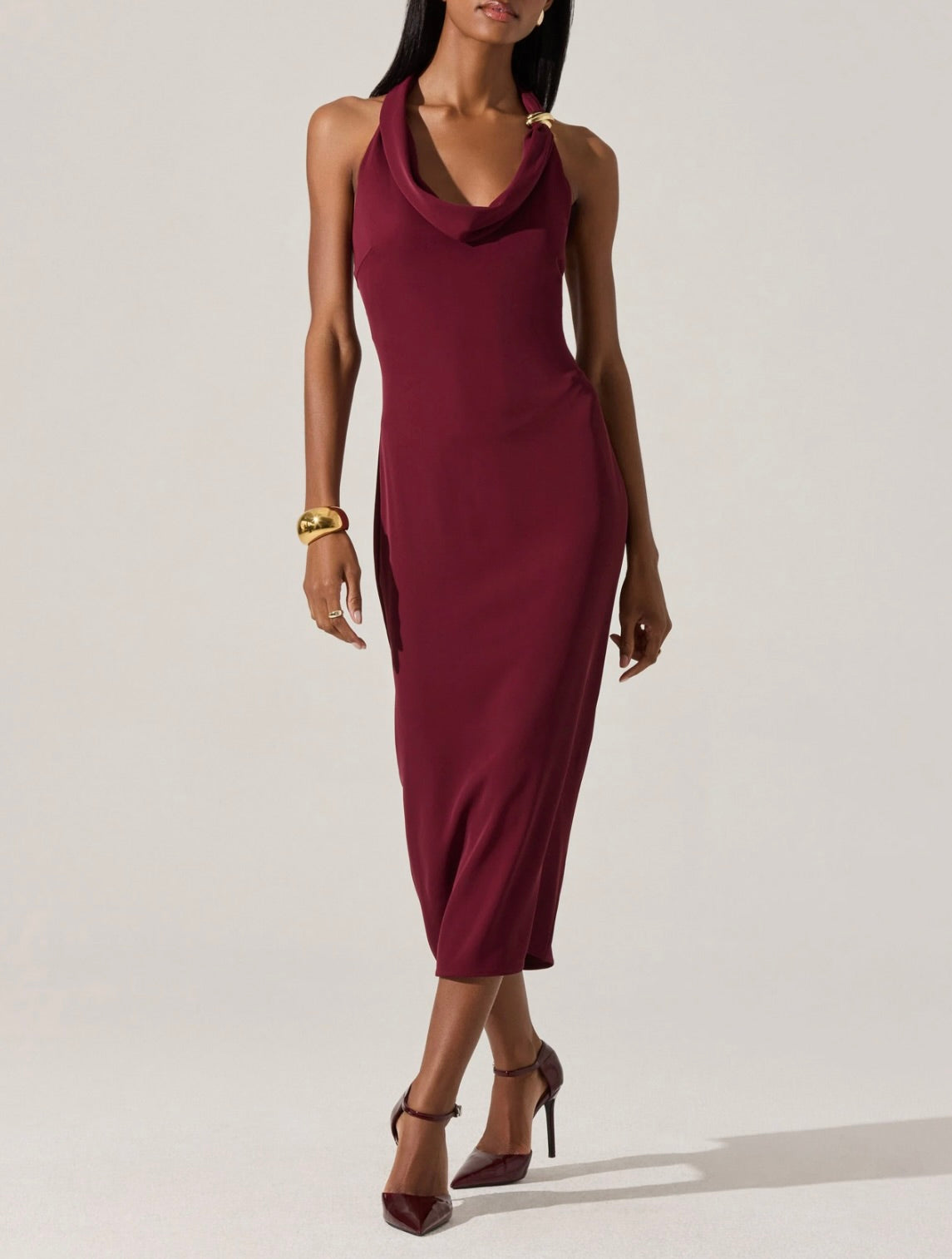 Alanna Halter Cowl Neck Dress in Wine