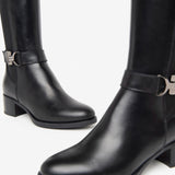 Leather Stretch Buckle Knee Boots in Black