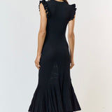 Ruffle Sleeve Pleated Mermaid Sweater Maxi Dress in Black