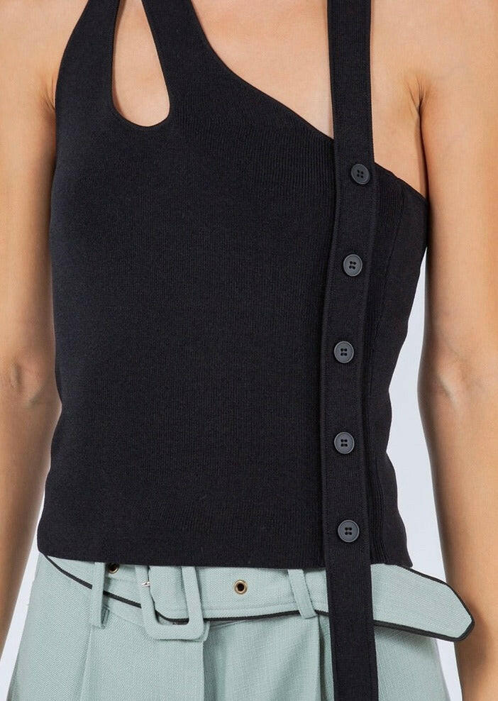 Asymmetrical Tank Top with Side Button Detail in Black