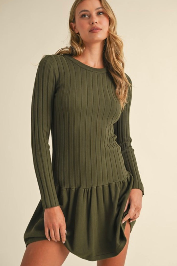 Ribbed Long Sleeve Crewneck Drop Waist Flare Dress in Olive Small Ribbed Long Sleeve Crewneck Drop Waist Flare Dress in Olive Small