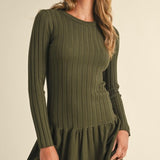 Ribbed Long Sleeve Crewneck Drop Waist Flare Dress in Olive