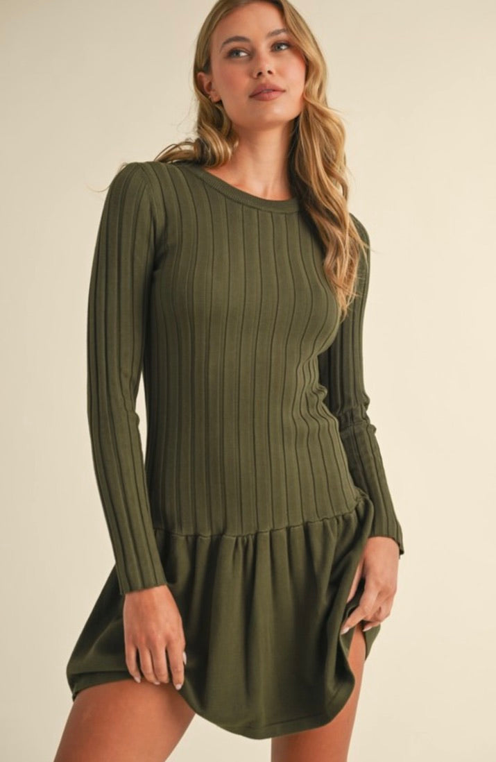 Ribbed Long Sleeve Crewneck Drop Waist Flare Dress in Olive