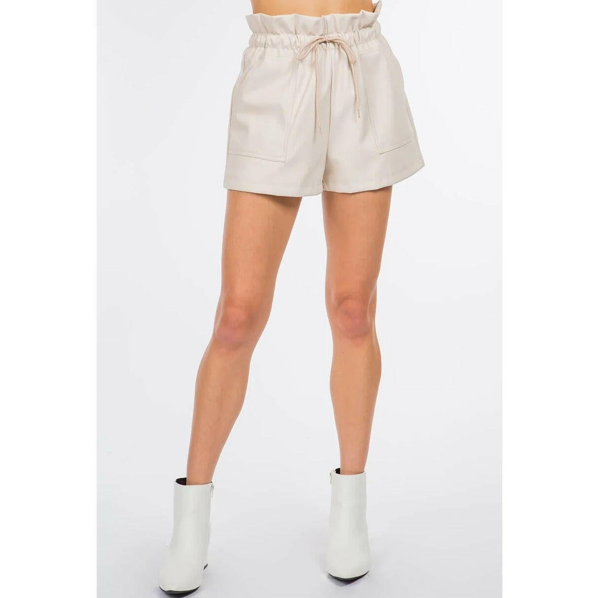 Pocket Detail Leather Shorts in Beige