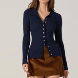 Keren Collared Ribbed Knit Cardigan in Navy