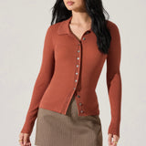 Keren Collared Ribbed Knit Cardigan in Rust