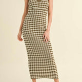 Checkered Crochet Knitted Ruffle Sleeve Dress in Brown & Stone