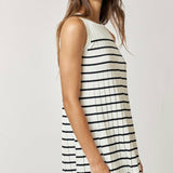 Striped Pleated Sleeveless Sweater Mini Dress in White