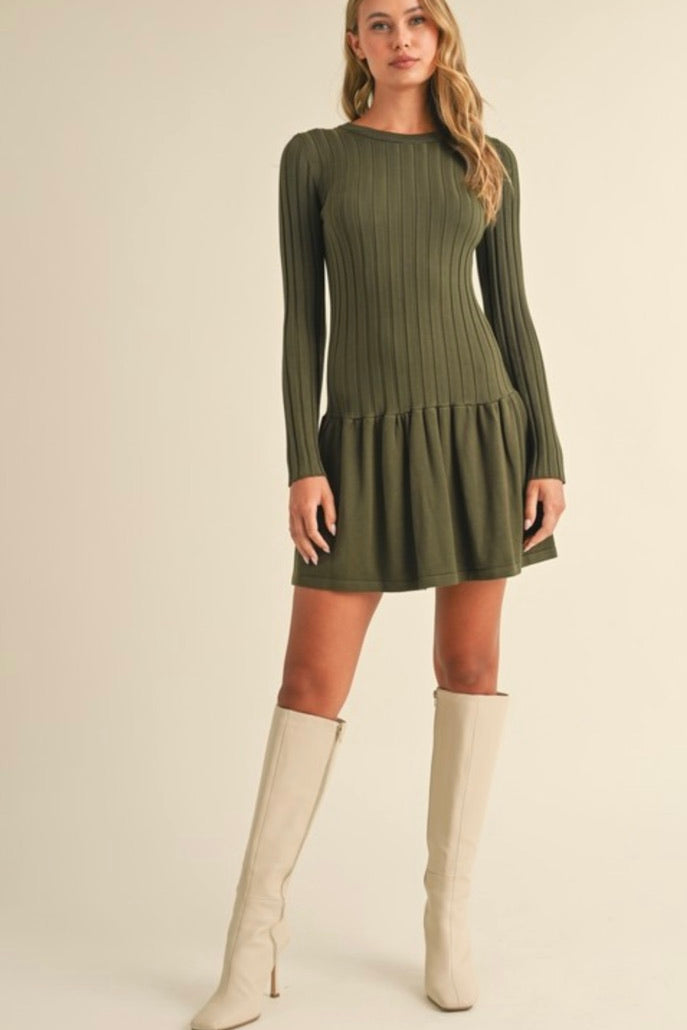 Ribbed Long Sleeve Crewneck Drop Waist Flare Dress in Olive Small Ribbed Long Sleeve Crewneck Drop Waist Flare Dress in Olive Small