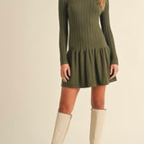 Ribbed Long Sleeve Crewneck Drop Waist Flare Dress in Olive