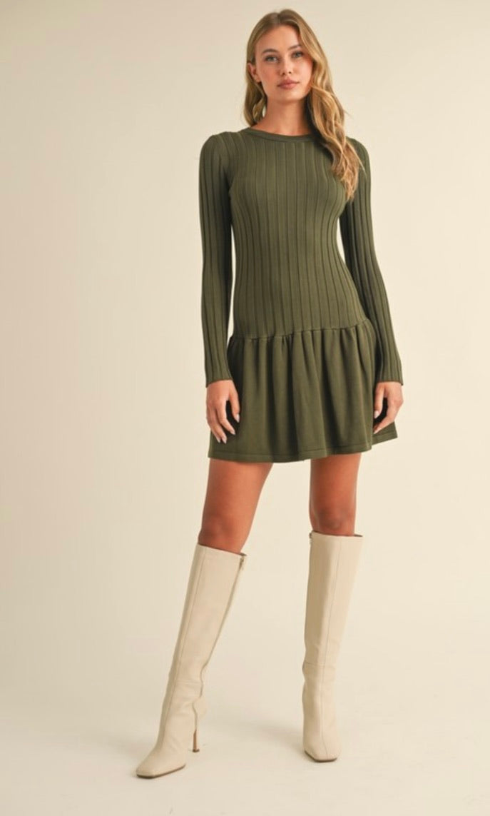 Ribbed Long Sleeve Crewneck Drop Waist Flare Dress in Olive