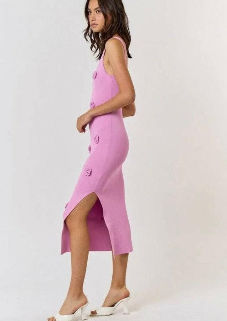 Rosette Ribbed Kit Sweater Midi Dress in Candy Pink