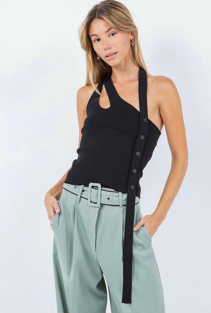 Asymmetrical Tank Top with Side Button Detail in Black