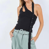 Asymmetrical Tank Top with Side Button Detail in Black