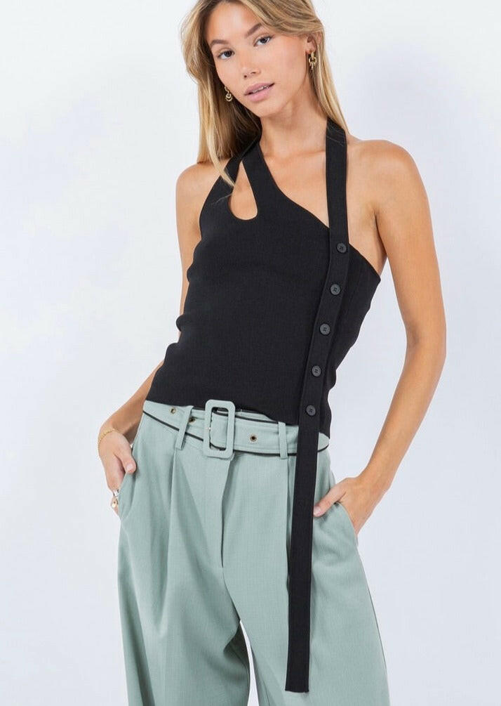 Asymmetrical Tank Top with Side Button Detail in Black