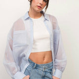Sheer Striped Button-Up Shirt