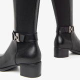 Leather Stretch Buckle Knee Boots in Black