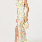 Allexina Satin Cowl Neck Midi Dress in Yellow Watercolor